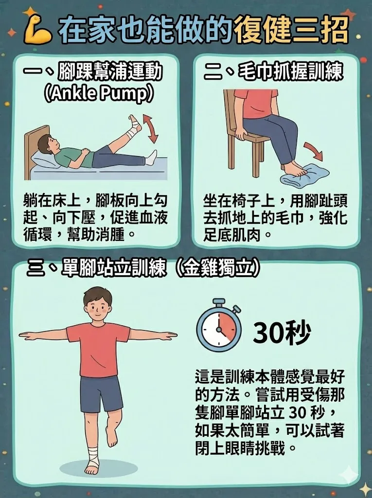 腳踝扭傷復健運動教學:幫浦運動、毛巾抓握、單腳站立