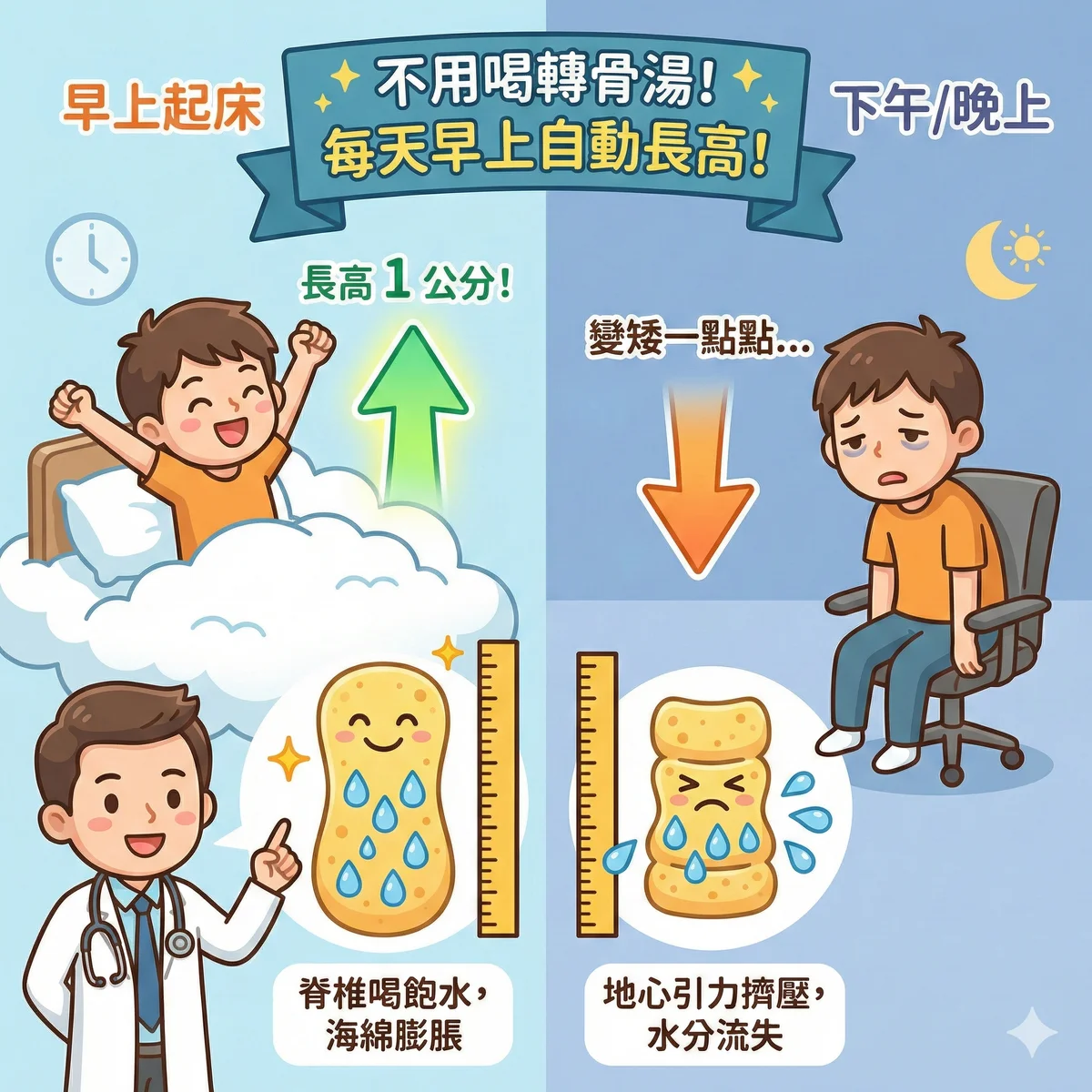 脊椎椎間盤早晚高度變化示意圖