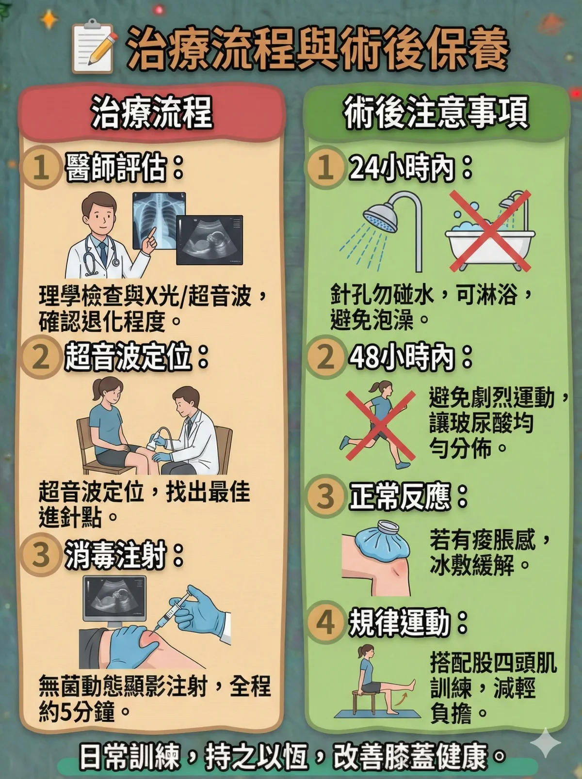 超音波導引玻尿酸注射術後照顧:保持針孔乾燥並搭配股四頭肌訓練以強化療效。