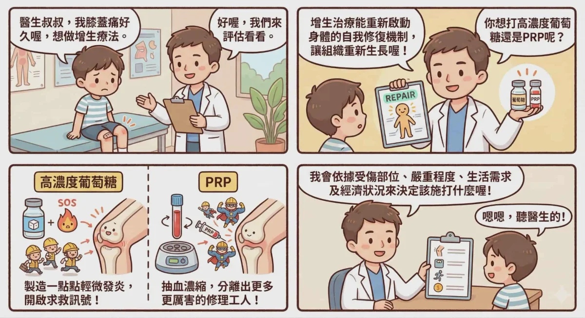PRP高濃度血小板與高濃度葡萄糖比較表顯示:PRP 修復力較強且維持時間長,葡萄糖水則需較多次數。