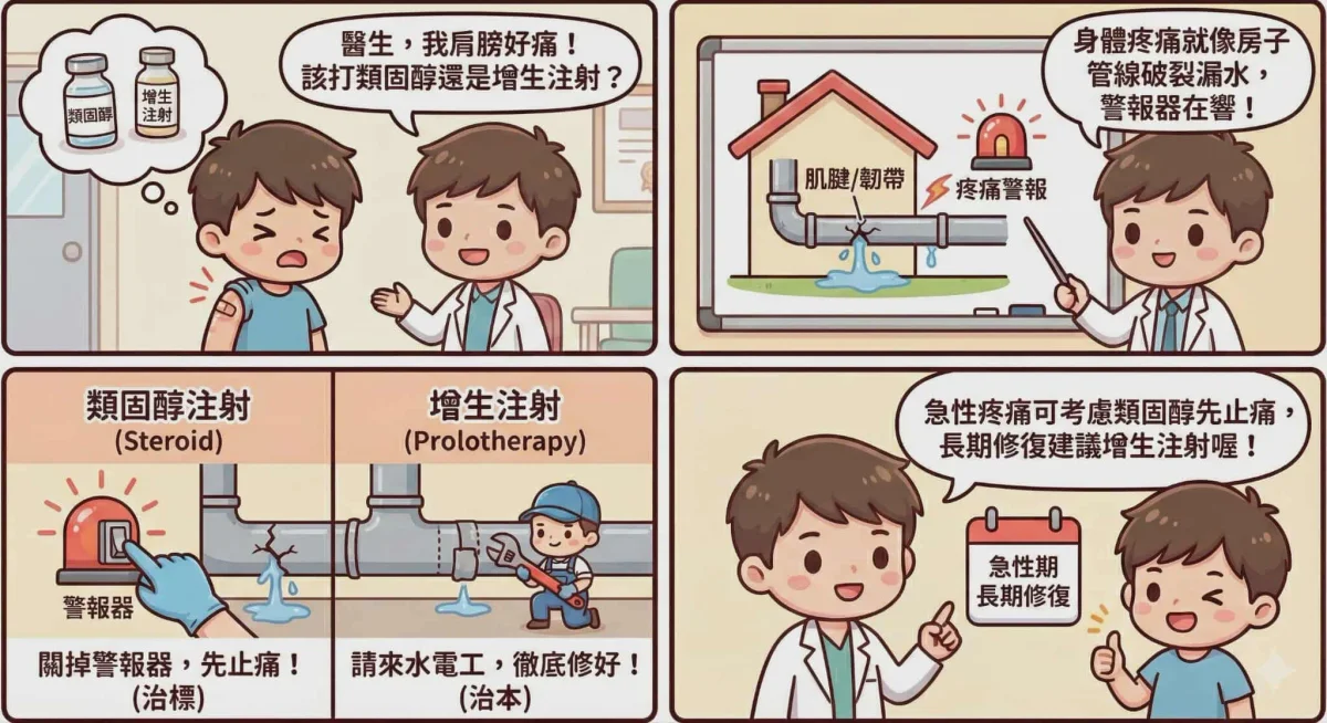 增生注射與類固醇治療差異比較顯示:增生療法為修復性質無副作用,類固醇為止痛性質長期使用恐有副作用。