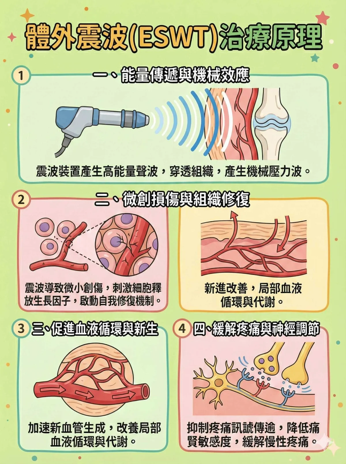 ESWT體外震波治療原理圖解：利用高能量聲波啟動組織修復、促進血管新生與立即止痛。